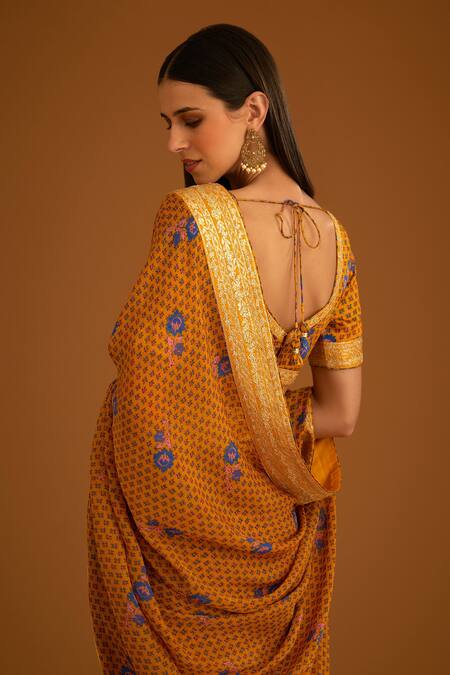 Shop_Shyam Narayan Prasad_Yellow Modal Satin Embroidered Gota V Floret Print And Work Saree With Blouse _Online_at_Aza_Fashions