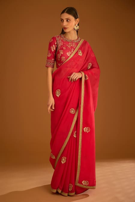 Buy_Shyam Narayan Prasad_Pink Silk Brocade Embroidered Zardozi Round Work Saree With Blouse _Online_at_Aza_Fashions