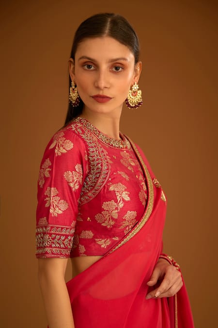 Shop_Shyam Narayan Prasad_Pink Silk Brocade Embroidered Zardozi Round Work Saree With Blouse _Online_at_Aza_Fashions