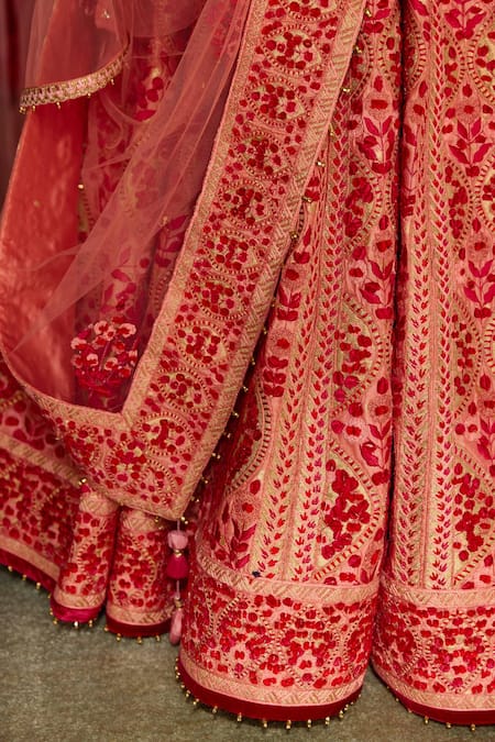 Shyam Narayan Prasad_Pink Silk, Net Tassels, Embroidery, Floral And Thread Work Bridal Lehenga Set _Online_at_Aza_Fashions