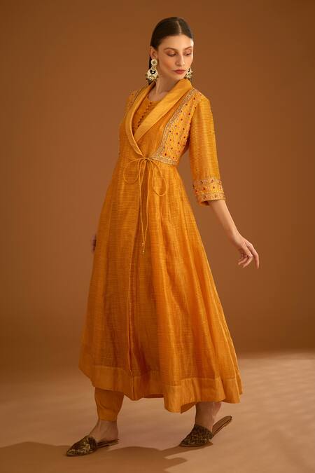 Shyam Narayan Prasad_Yellow Chanderi Embroidered Zardozi Shawl Collar Angrakha And Trouser Set _Online_at_Aza_Fashions