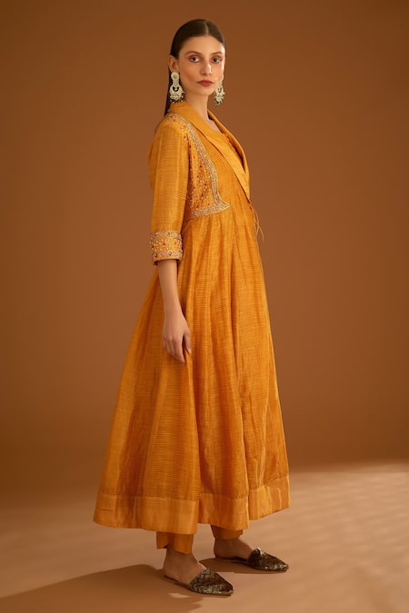 Buy_Shyam Narayan Prasad_Yellow Chanderi Embroidered Zardozi Shawl Collar Angrakha And Trouser Set _Online_at_Aza_Fashions