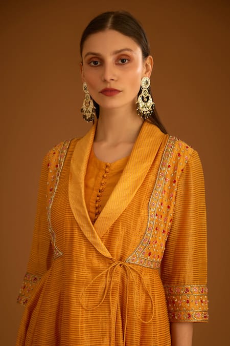 Shop_Shyam Narayan Prasad_Yellow Chanderi Embroidered Zardozi Shawl Collar Angrakha And Trouser Set _Online_at_Aza_Fashions