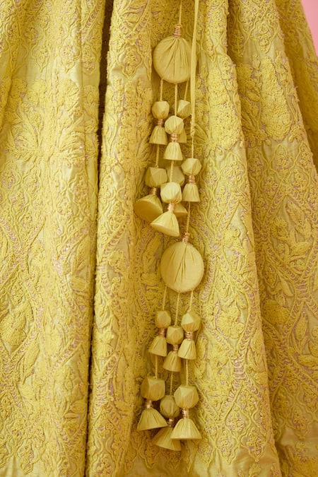 Shyam Narayan Prasad_Yellow Silk Embroidery Asymmetric Raw Floral Patchwork Bridal Lehenga Set _Online_at_Aza_Fashions