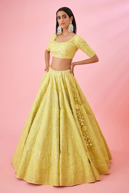 Shop_Shyam Narayan Prasad_Yellow Silk Embroidery Asymmetric Raw Floral Patchwork Bridal Lehenga Set _Online_at_Aza_Fashions