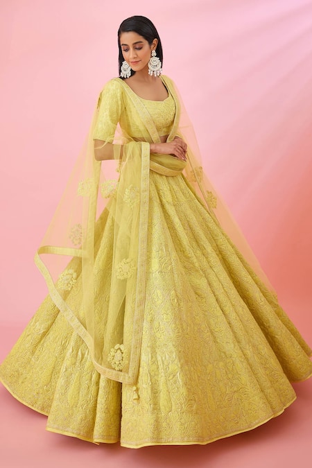 Buy_Shyam Narayan Prasad_Yellow Silk Embroidery Asymmetric Raw Floral Patchwork Bridal Lehenga Set 
