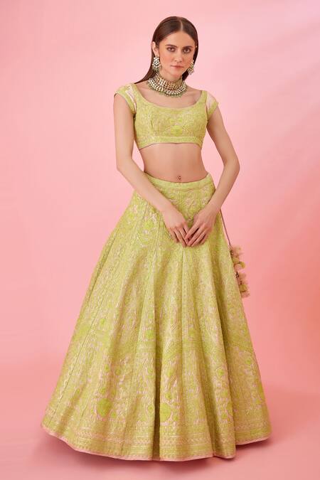 Buy_Shyam Narayan Prasad_Pink Silk Patchwork, Embroidery Scoop Neck Raw Floral Bridal Lehenga Set _Online_at_Aza_Fashions