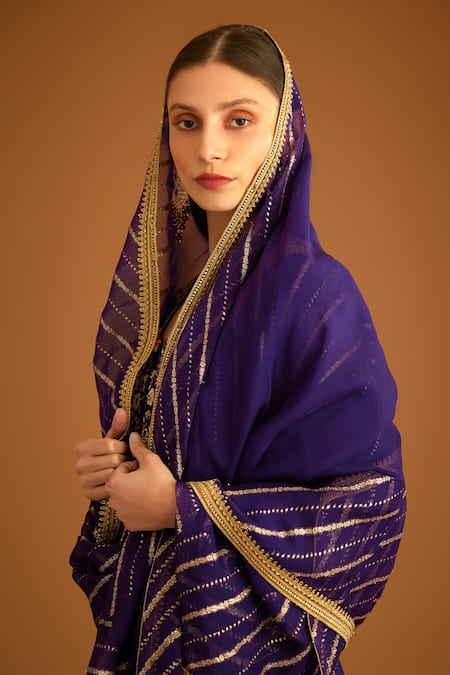 Buy_Shyam Narayan Prasad_Purple Cotton Satin, Viscose, Organza, Jacquard Zardozi Anarkali Trouser Set 