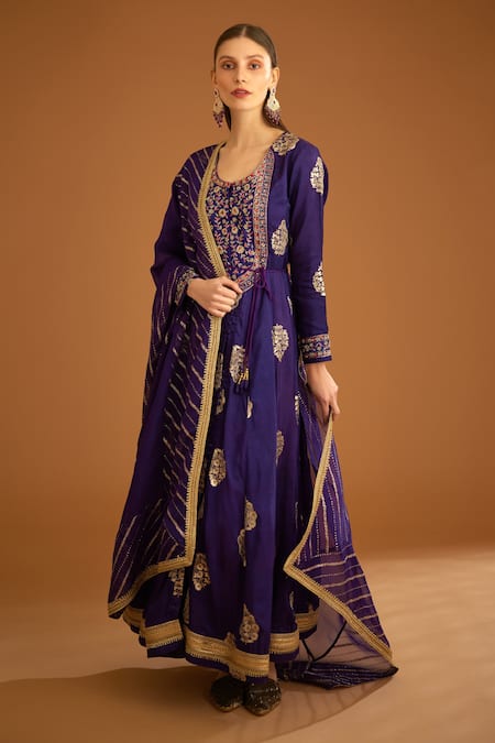 Shyam Narayan Prasad_Purple Cotton Satin, Viscose, Organza, Jacquard Zardozi Anarkali Trouser Set _Online_at_Aza_Fashions