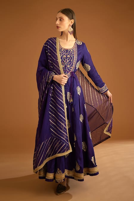 Buy_Shyam Narayan Prasad_Purple Cotton Satin, Viscose, Organza, Jacquard Zardozi Anarkali Trouser Set _Online_at_Aza_Fashions
