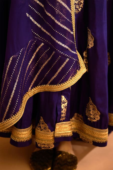 Shop_Shyam Narayan Prasad_Purple Cotton Satin, Viscose, Organza, Jacquard Zardozi Anarkali Trouser Set _Online_at_Aza_Fashions