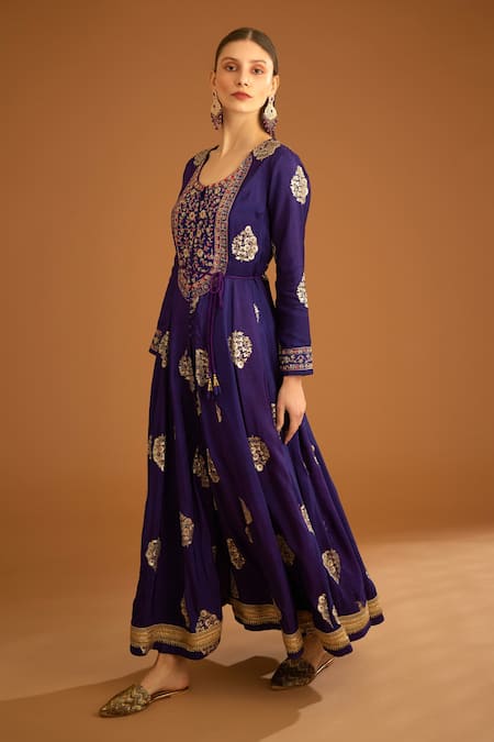 Shyam Narayan Prasad_Purple Cotton Satin, Viscose, Organza, Jacquard Zardozi Anarkali Trouser Set _at_Aza_Fashions