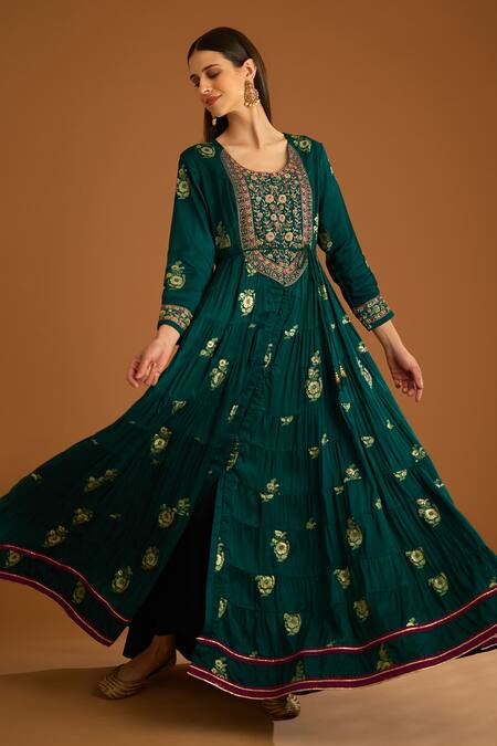 Shyam Narayan Prasad_Green Cotton Satin, Viscose, Organza, Zardozi Work Tiered Anarkali Trouser Set _at_Aza_Fashions