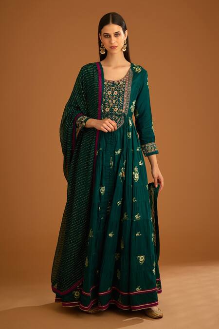 Shyam Narayan Prasad_Green Cotton Satin, Viscose, Organza, Zardozi Work Tiered Anarkali Trouser Set _Online_at_Aza_Fashions