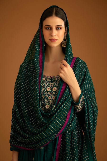 Buy_Shyam Narayan Prasad_Green Cotton Satin, Viscose, Organza, Zardozi Work Tiered Anarkali Trouser Set _Online_at_Aza_Fashions