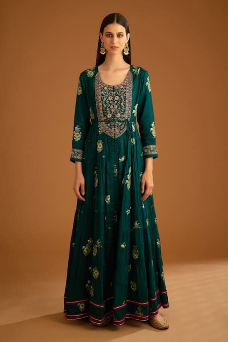 Shop_Shyam Narayan Prasad_Green Cotton Satin, Viscose, Organza, Zardozi Work Tiered Anarkali Trouser Set _Online_at_Aza_Fashions