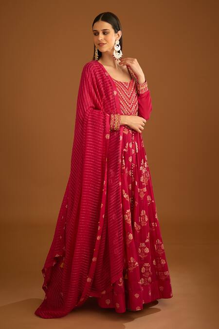 Shyam Narayan Prasad_Pink Cotton Satin, Lurex, Georgette Floral Pattern Tiered Anarkali Trouser Set _Online_at_Aza_Fashions