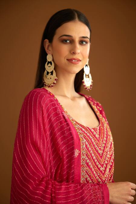 Buy_Shyam Narayan Prasad_Pink Cotton Satin, Lurex, Georgette Floral Pattern Tiered Anarkali Trouser Set _Online_at_Aza_Fashions