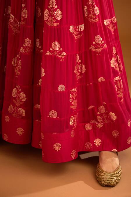 Shop_Shyam Narayan Prasad_Pink Cotton Satin, Lurex, Georgette Floral Pattern Tiered Anarkali Trouser Set _Online_at_Aza_Fashions