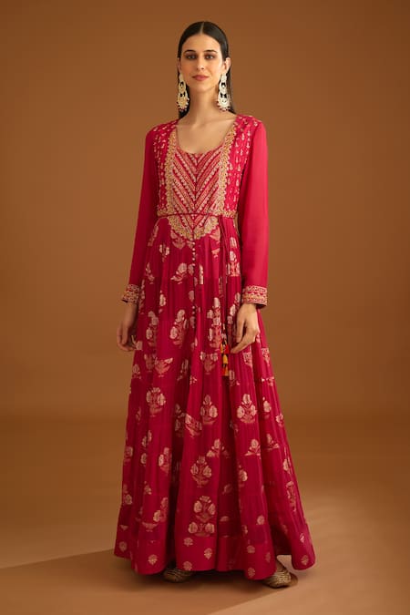Shyam Narayan Prasad_Pink Cotton Satin, Lurex, Georgette Floral Pattern Tiered Anarkali Trouser Set _at_Aza_Fashions