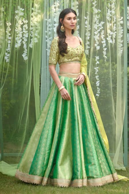 Shyam Narayan Prasad_Green Brocade, Organza Embroidery, Bridal Lehenga Set With Zardozi Work Blouse _Online_at_Aza_Fashions
