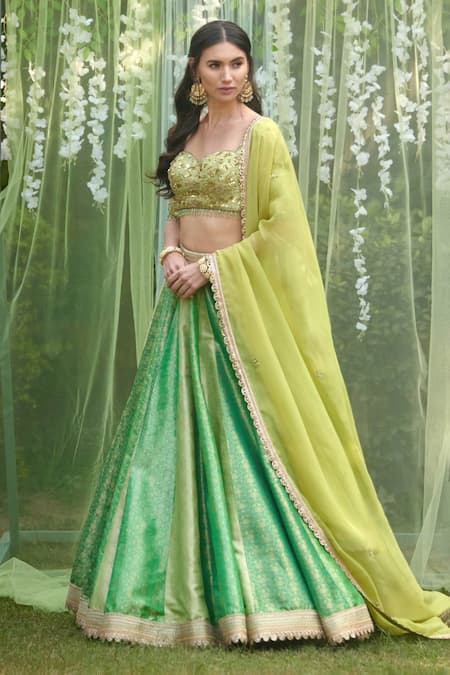 Buy_Shyam Narayan Prasad_Green Brocade, Organza Embroidery, Bridal Lehenga Set With Zardozi Work Blouse _Online_at_Aza_Fashions