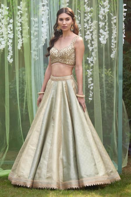 Shop_Shyam Narayan Prasad_Blue Brocade, Organza Embroidery Round Bridal Lehenga Set With Sleeveless Blouse _Online_at_Aza_Fashions