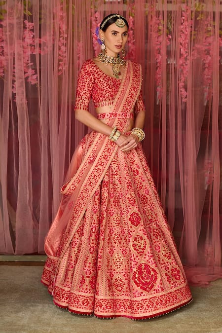 Shyam Narayan Prasad_Pink Silk, Net Tassels, Embroidery, Floral And Thread Work Bridal Lehenga Set _at_Aza_Fashions