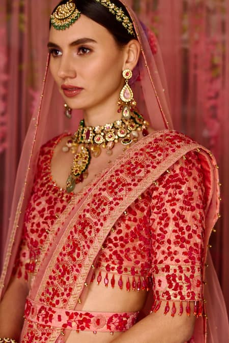 Buy_Shyam Narayan Prasad_Pink Silk, Net Tassels, Embroidery, Floral And Thread Work Bridal Lehenga Set _Online_at_Aza_Fashions