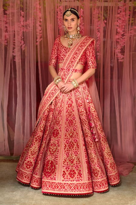 Shop_Shyam Narayan Prasad_Pink Silk, Net Tassels, Embroidery, Floral And Thread Work Bridal Lehenga Set _Online_at_Aza_Fashions