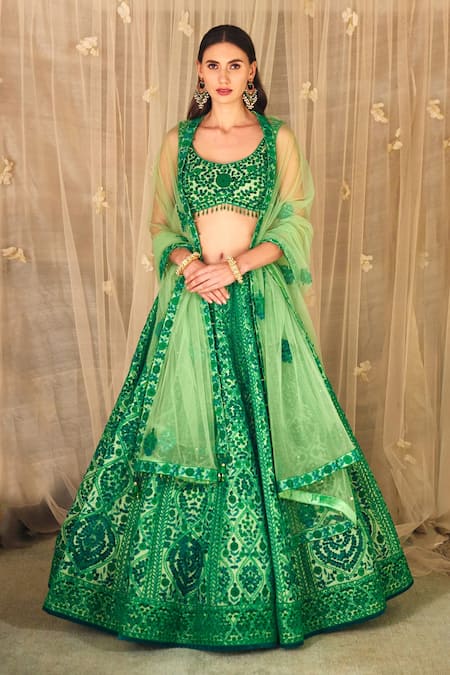 Shyam Narayan Prasad_Green Brocade, Net Tassels, Embroidery, And Thread Work Bridal Lehenga Set _Online_at_Aza_Fashions