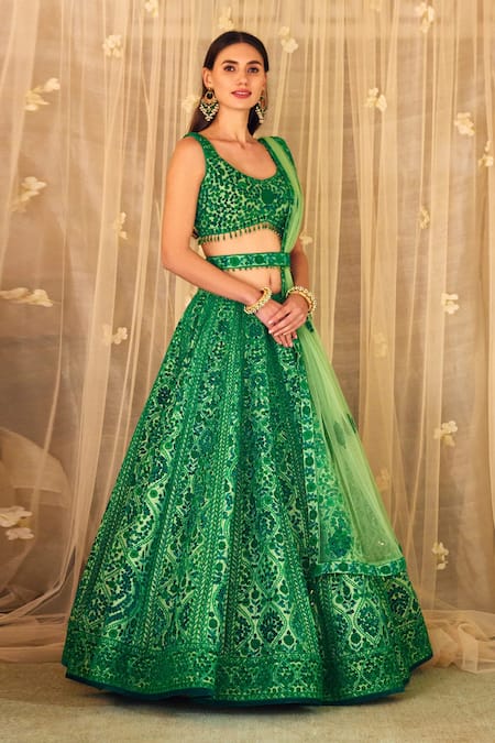 Shyam Narayan Prasad_Green Brocade, Net Tassels, Embroidery, And Thread Work Bridal Lehenga Set _at_Aza_Fashions