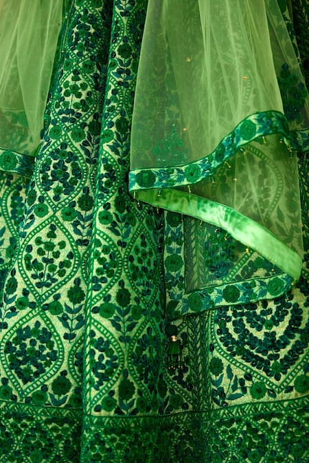 Shop_Shyam Narayan Prasad_Green Brocade, Net Tassels, Embroidery, And Thread Work Bridal Lehenga Set _Online_at_Aza_Fashions