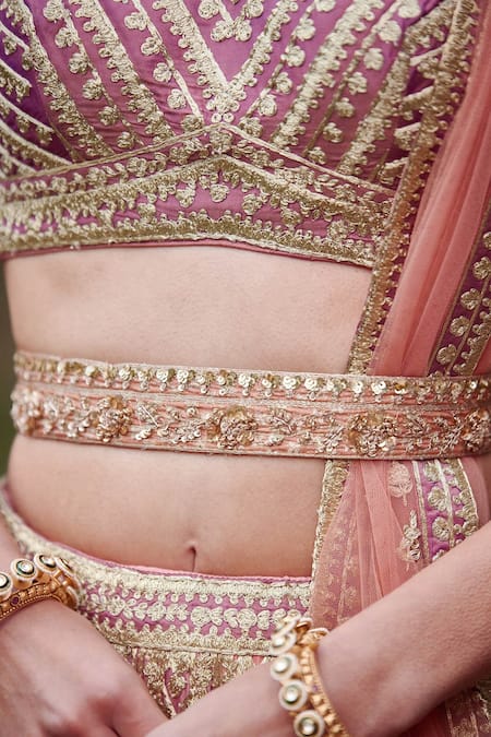 Shyam Narayan Prasad_Pink Silk, Net Tassels, Embroidery, Zari Sweetheart Dori Bridal Lehenga Set _at_Aza_Fashions