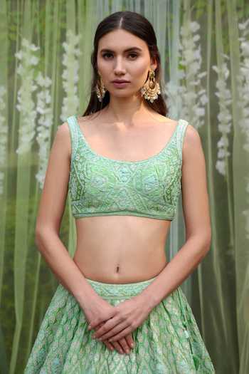 Shyam Narayan Prasad_Green Silk, Net Tassels, Embroidery, Applique Scoop And Thread Bridal Lehenga Set _Online_at_Aza_Fashions