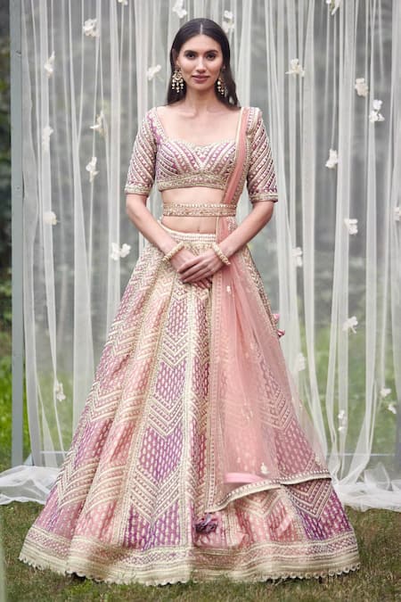 Buy_Shyam Narayan Prasad_Pink Silk, Net Tassels, Embroidery, Zari Sweetheart Dori Bridal Lehenga Set _Online_at_Aza_Fashions