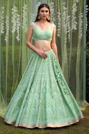 Buy_Shyam Narayan Prasad_Green Silk, Net Tassels, Embroidery, Applique Scoop And Thread Bridal Lehenga Set _Online_at_Aza_Fashions