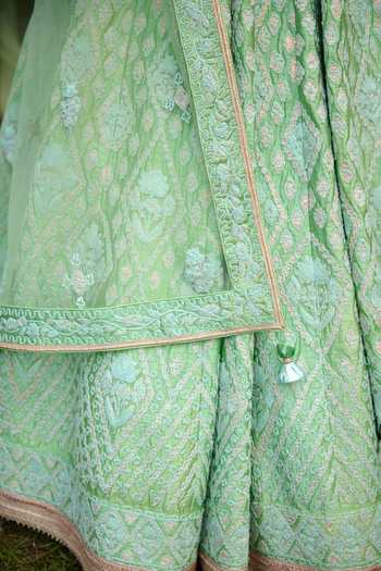 Shyam Narayan Prasad_Green Silk, Net Tassels, Embroidery, Applique Scoop And Thread Bridal Lehenga Set _at_Aza_Fashions