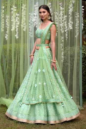 Buy_Shyam Narayan Prasad_Green Silk, Net Tassels, Embroidery, Applique Scoop And Thread Bridal Lehenga Set 