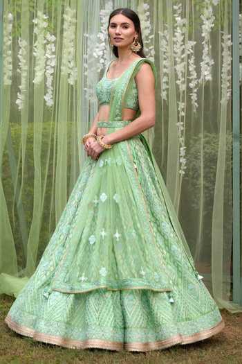 Shop_Shyam Narayan Prasad_Green Silk, Net Tassels, Embroidery, Applique Scoop And Thread Bridal Lehenga Set 