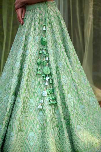 Shop_Shyam Narayan Prasad_Green Silk, Net Tassels, Embroidery, Applique Scoop And Thread Bridal Lehenga Set _Online_at_Aza_Fashions