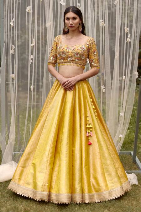 Buy_Shyam Narayan Prasad_Yellow Brocade, Organza Tassels, Zari, Floral Pattern Bridal Lehenga Set _Online_at_Aza_Fashions