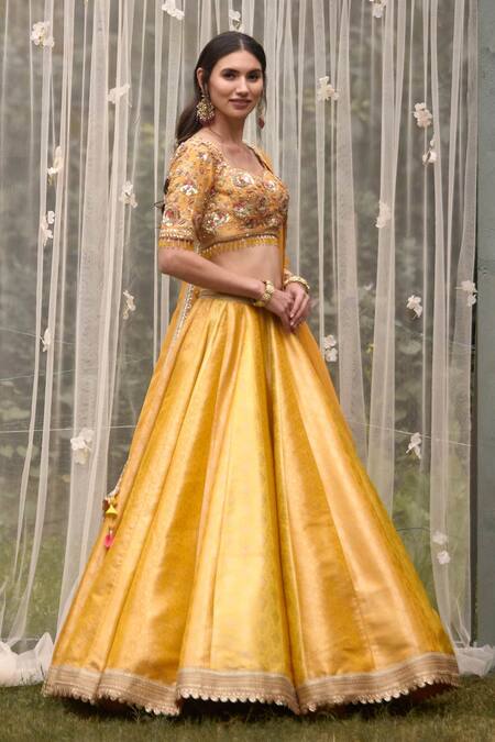 Shop_Shyam Narayan Prasad_Yellow Brocade, Organza Tassels, Zari, Floral Pattern Bridal Lehenga Set _Online_at_Aza_Fashions