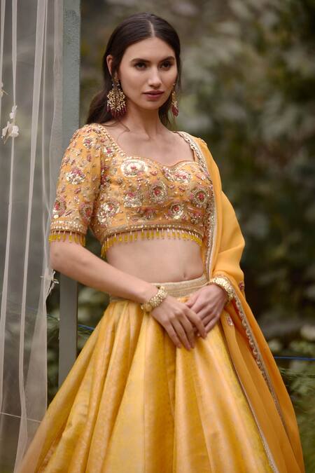 Buy_Shyam Narayan Prasad_Yellow Brocade, Organza Tassels, Zari, Floral Pattern Bridal Lehenga Set 