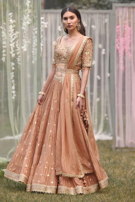 Shyam Narayan Prasad_Pink Brocade, Organza Embroidery, Tassels, Zari Sweetheart Tiered Lehenga Set _Online_at_Aza_Fashions