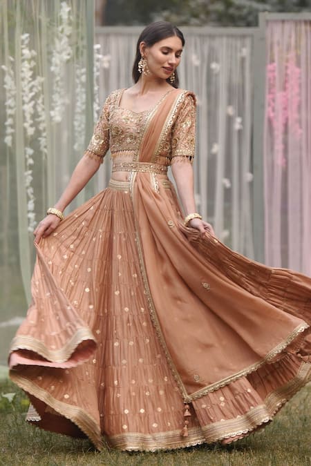 Buy_Shyam Narayan Prasad_Pink Brocade, Organza Embroidery, Tassels, Zari Sweetheart Tiered Lehenga Set _Online_at_Aza_Fashions