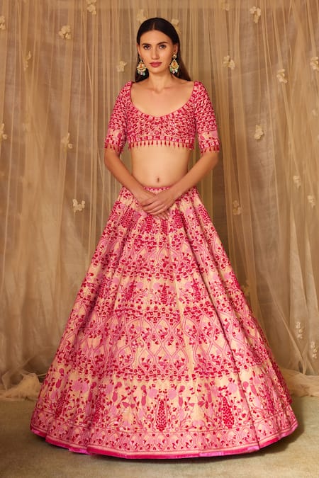 Shyam Narayan Prasad_Peach Brocade, Net Tassels, Embroidery, Thread And Work Bridal Lehenga Set _Online_at_Aza_Fashions