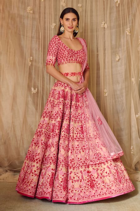 Shop_Shyam Narayan Prasad_Peach Brocade, Net Tassels, Embroidery, Thread And Work Bridal Lehenga Set _Online_at_Aza_Fashions