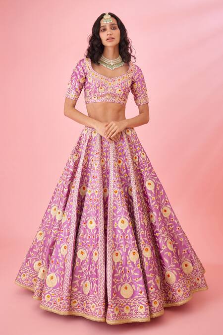 Shyam Narayan Prasad_Purple Silk, Organza Embroidery, Tassels Asymmetric Floral Gota Lehenga Set _Online_at_Aza_Fashions