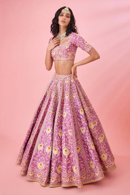 Buy_Shyam Narayan Prasad_Purple Silk, Organza Embroidery, Tassels Asymmetric Floral Gota Lehenga Set _Online_at_Aza_Fashions